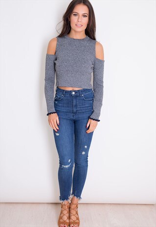 SASKIA COLD SHOULDER CROP JUMPER GREY