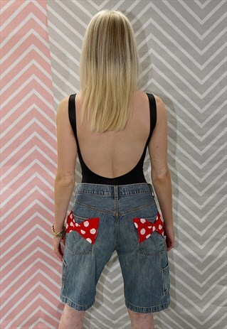 DENIM SHORTS, LEVI'S, KNEE LENGTH, RED POLKA DOT BOWS