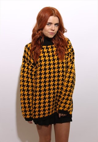 VINTAGE 1980'S 80'S YELLOW & BLACK HOUNDSTOOTH JUMPER M-L