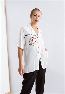 Vintage Relaxed Fit Marine Pattern Shirt in Cream White M