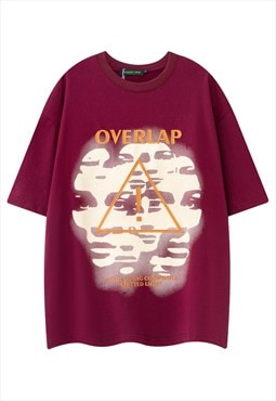 Psychedelic t-shirt graffiti tee retro face print top in red