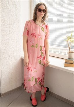 Vintage 80's Pink Flower Print Midi Dress