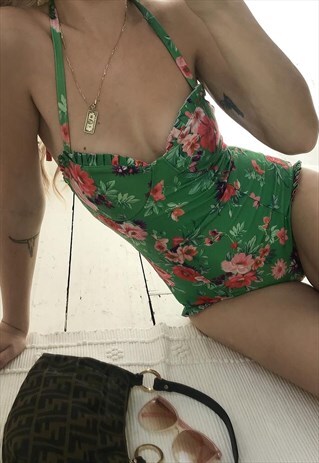 VINTAGE 80S GREEN FLORAL HALTERNECK ONE-PIECE SWIMSUIT