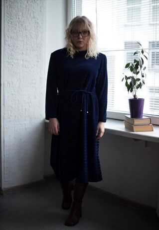 VINTAGE 80'S NAVY VELVET STRIPED GLOSSY HIGH COLLAR DRESS