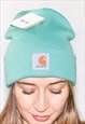 New Mint Ribbed Knit WIP Carhartt Wool Logo Beanie Hat