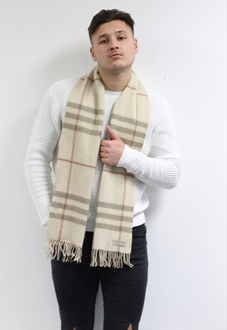 VINTAGE CASHMERE CHECKED SCARF CREAM-AS222