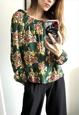 Retro Peasant Green Floral  Boho Blouse - One Size 