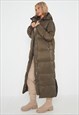 KHAKI LONGLINE WITH HOOD MAXI PUFFER COAT