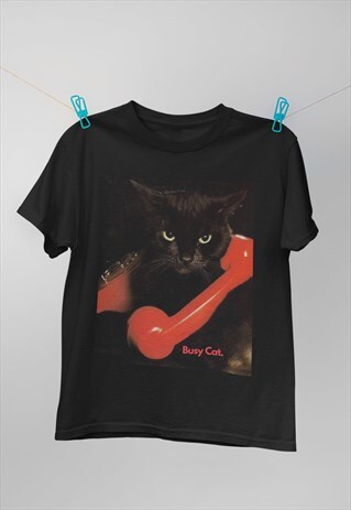 BUSY CAT RED TELEPHONE BLACK CAT BUSINESS BLACK T-SHIRT