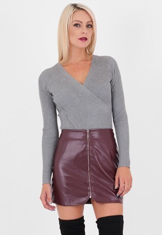WINE FAUX LEATHER ZIP FRONT MIDI PENCIL SKIRT