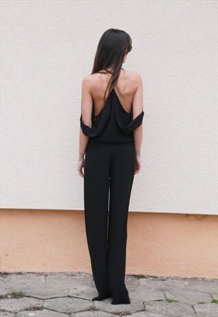 BLACK WOMENS JUMPSUIT CASUAL ROMPER OPEN BACK OVERALL F1558