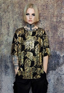 Golden t-shirt shiny print tee grunge drop shoulder luxe top