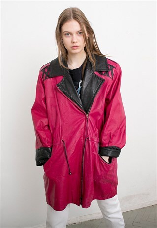 VINTAGE PINK BLACK LONG LEATHER JACKET DRAWSTRING COAT