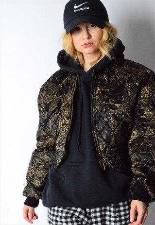 VINTAGE 80S BLACK AND GOLD CROPPED BOMBER JACKET