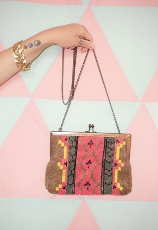 VINTAGE 90S PINK / YELLOW / TURQUOISE BEADED BOHEMIAN BAG