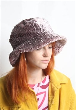 Vintage Velour Fur Floral Patterned Bucket Hat Cap Pink