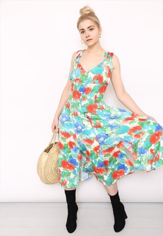 VINTAGE 80S MULTICOLOURED FLORAL PRINT MIDI DRESS