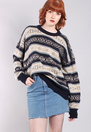 VINTAGE 80S NORDIC PATTERNED CHUNKY SOFT KNIT JUMPER