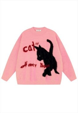 Black cat sweater kitten print jumper knit pullover in pink