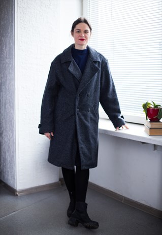 VINTAGE 80'S GREY PATTERNED WOOL DOUBLE BREASTED COAT
