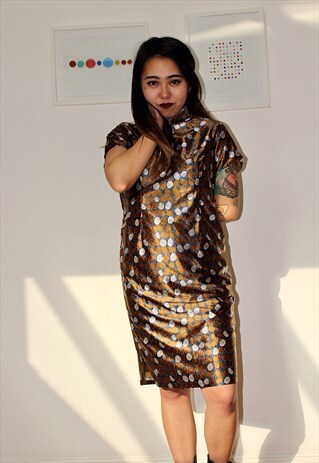 90S CHINESE STYLE BROWN AND GOLD DRESS.