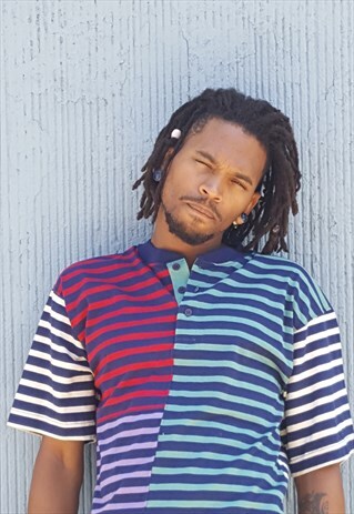 90S SKATER PREP MIXED STRIPE HENLEY SHIRT MEDIUM