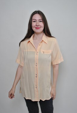 Minimalist yellow blouse, button up shoulder pads shirt 