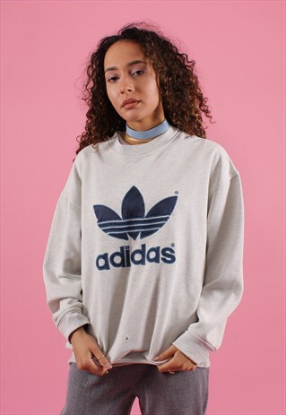 GREY AND NAVY ADIDAS TREFOIL EMBROIDERED SWEATSHIRT