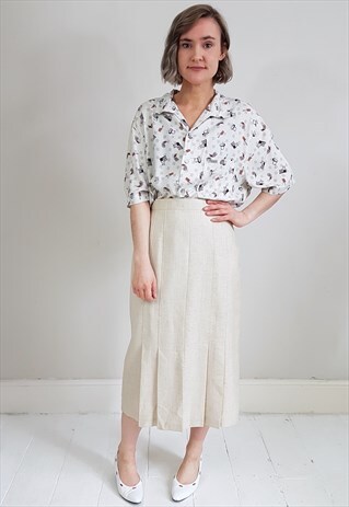 VINTAGE 80'S BEIGE LINEN MIDI LENGTH PLEATED SKIRT