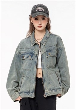 Utility denim jacket multi pocket varsity grunge jean bomber