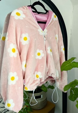 Handmade sustainable pink daisy fleece hooded jacket 