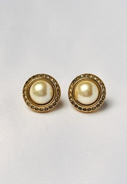 Christian Dior Earrings Gold Pearl Studs Round Vintage