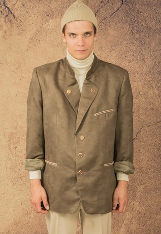 VINTAGE 90S FAUX LEATHER BEIGE BAVARIAN MENS JANKER JACKET