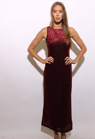 VINTAGE 1990'S 90'S BURNOUT VELVET DRESS CRIMSON & BLACK S-M