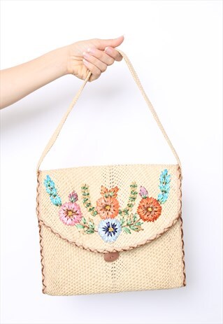 VINTAGE 80S STRAW FLORAL BAG