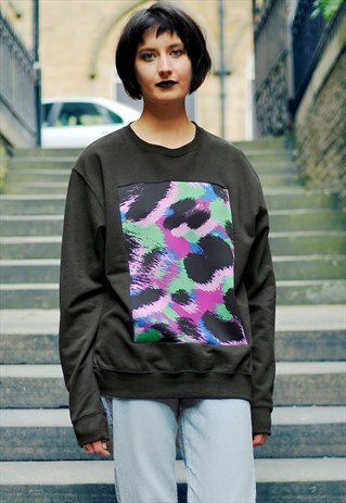 BLACK OVERSIZED COLOURFUL CAMO PANEL JUMPER