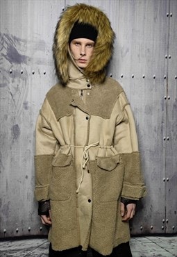 Contrast fleece jacket fluffy parka velvet feel coat cream