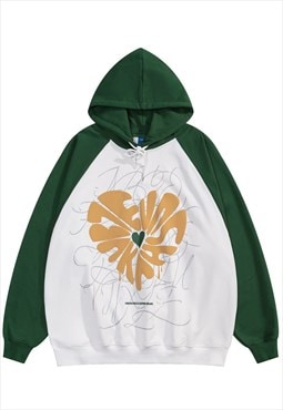 Heart patch hoodie raglan pullover graffiti top in green