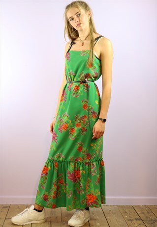 ORANGE ROSE ON EMERALD GREEN MAXI FRILL DRESS