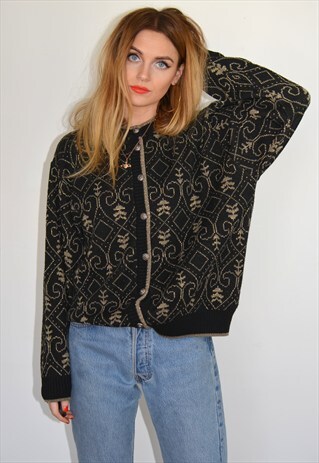 VINTAGE 90S BLACK & SPARKLY GOLD KNITTED CARDIGAN