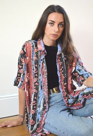 80S VINTAGE ABSTRACT STRIPED PRINT SHORT SLEEVE SHIRT