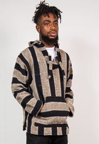 VTG 90'S GRUNGE BEIGE STRIPED FESTIVAL BAJA HOODIE JUMPER