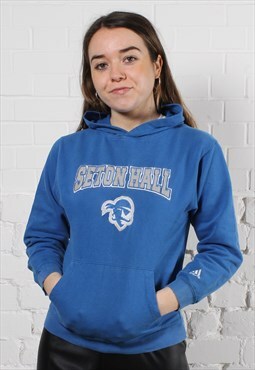 Vintage Adidas College Hoodie in Blue with Logo Medium