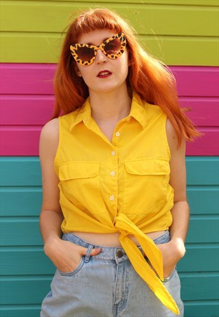 VINTAGE 80S CROP TOP YELLOW SLEEVELESS SHIRT TIE FRONT