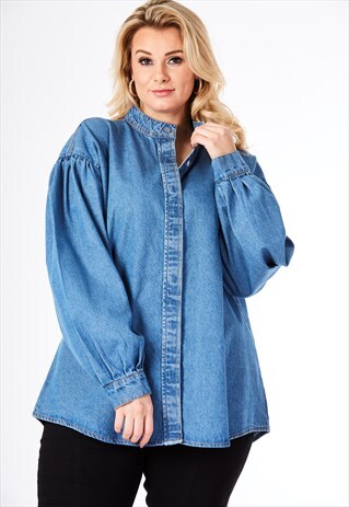 CURVE BALLOON SLEEVE GRANDAD-COLLAR DENIM SHIRT LIGHT BLUE
