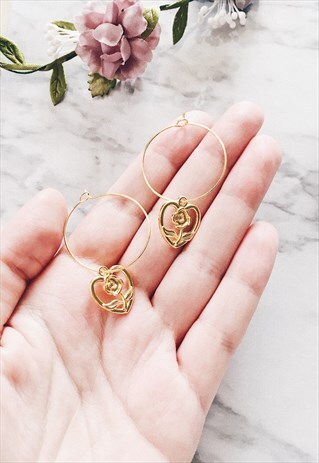 GOLD LOVE HEART ROSE FLOWER HOOP EARRINGS