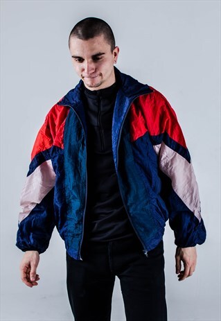VINTAGE 90S SHELL-SUIT JACKET IN BLUE, RED AND PINK