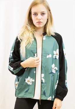 Bomber Jacket in Black and Green Floral Print