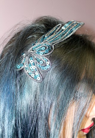 90S VINTAGE BLUE SEQUIN ELEGANT STATEMENT HEADBAND
