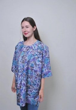 Vintage 90s floral blouse, summer loose blouse blue flowers